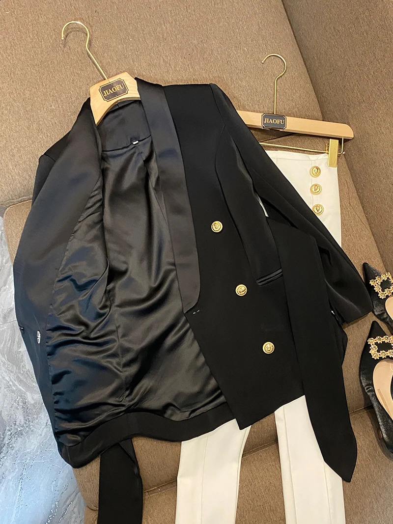 Arrival European Style Quality Women Coat Shawl Collar Double-breasted Office Lady Solid Blazer With Belt 240813