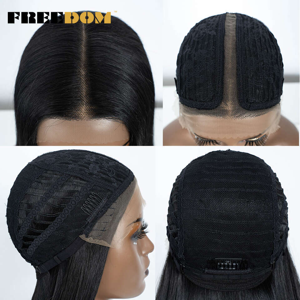 FREEDOM Straight Synthetic Front For Women 38 Inch Long Ombre Brown Red Blonde Hightlight Lace Frontal Wigs Cosplay Wig