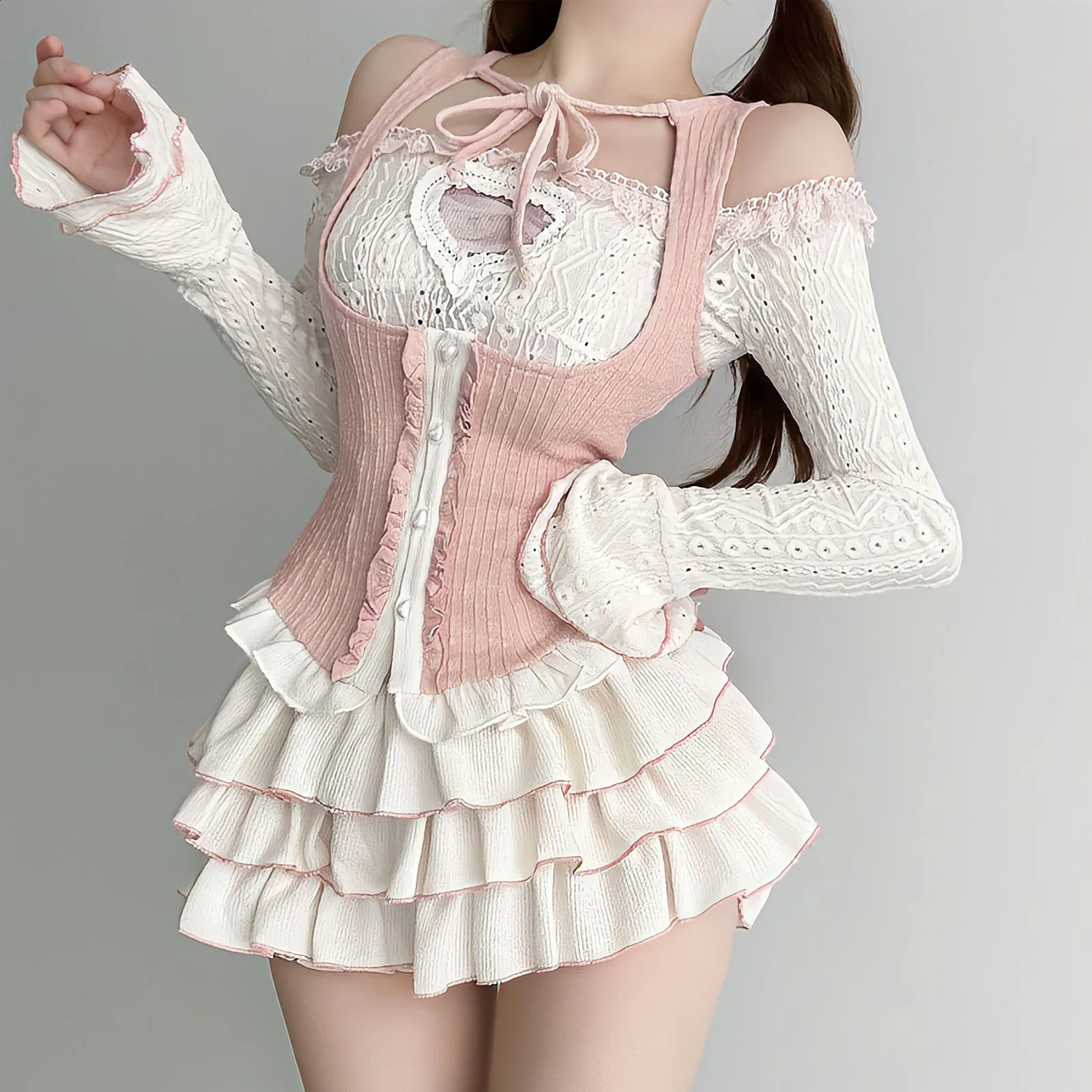 Kawaii Clothing Knitted 3Piece Set Tutu Skirts Sets Y2k Crop Tops BlouseMini Lolita Suit Japanese Korean Fashion Outfits 240809