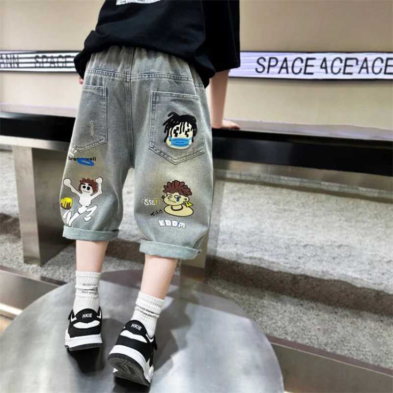 Childrens boys jeans summer Korean cartoon print boys shorts casual loose denim Trouser childrens clothing bottom W240813