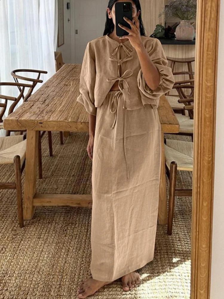 Elegant summer womens linen bow long dress lace solid fluffy sleeveless twopiece set beach holiday shoulder strap 240809