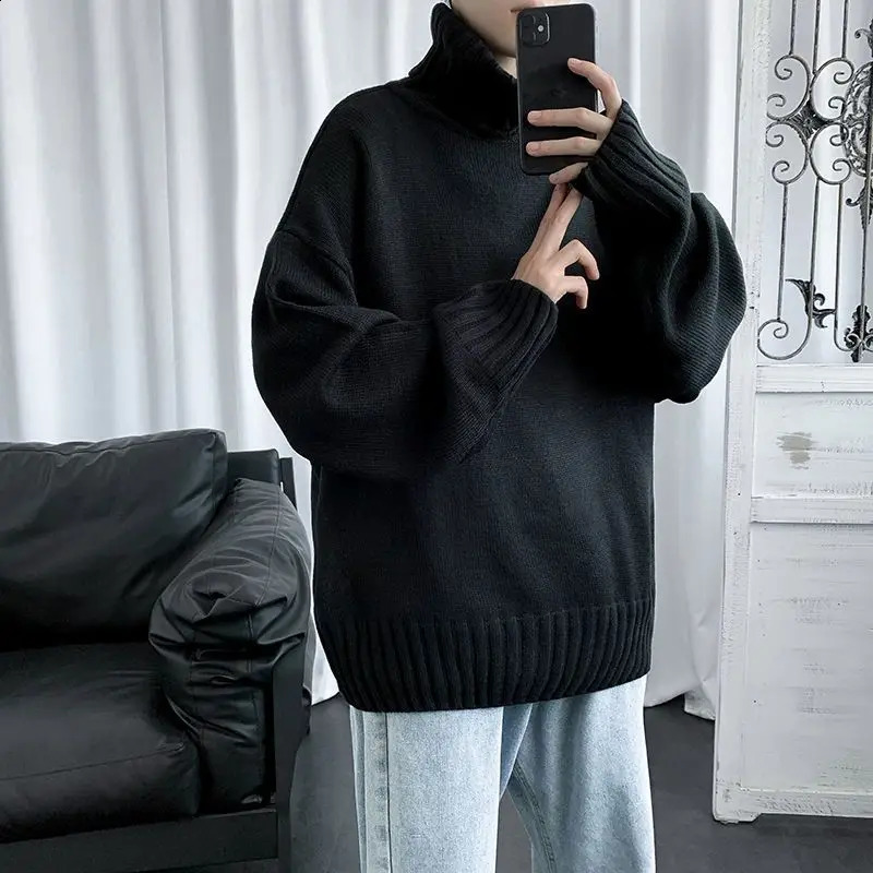 Winter Korean Solid High Neck Sweater Mens Patch Work Thread Student Fashion Loose Edition Warm Long Sleeve Knitted Top 240829