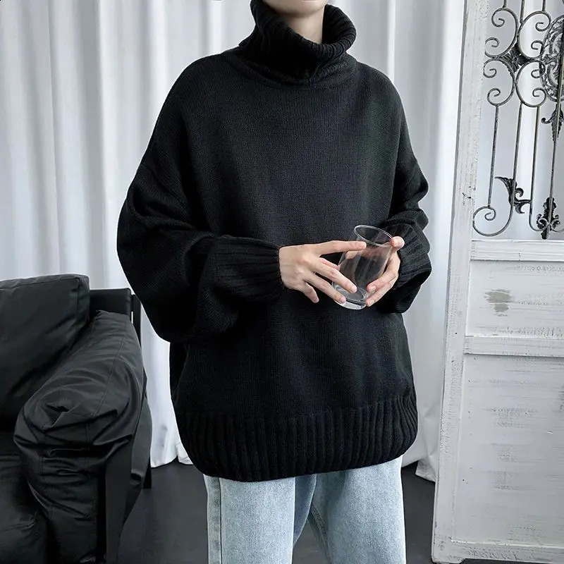 Winter Korean Solid High Neck Sweater Mens Patch Work Thread Student Fashion Loose Edition Warm Long Sleeve Knitted Top 240829