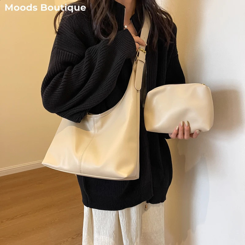 MOODS Shoulder Tote Bag Sets For Women Pure Color Large Capacity Shopping With Small Pouch 2023 Winter Casual Shoppers 240813