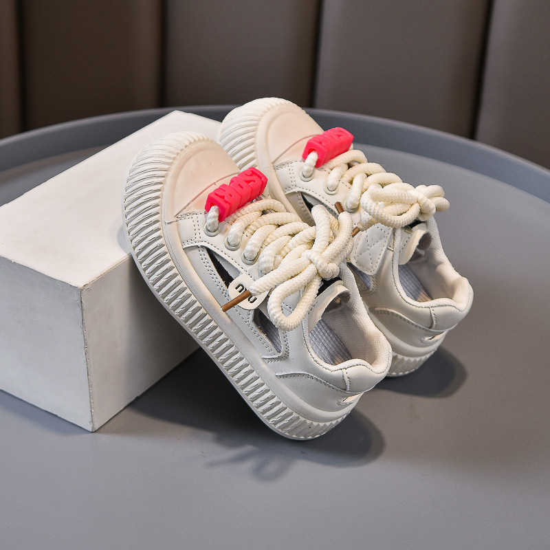 Sneakers Girls Little White Shoes Childrens Board Shoes Frame Sandals 2024 New Anti Kick Soft Bottom Velcro Middle and High School Students Shoes H240