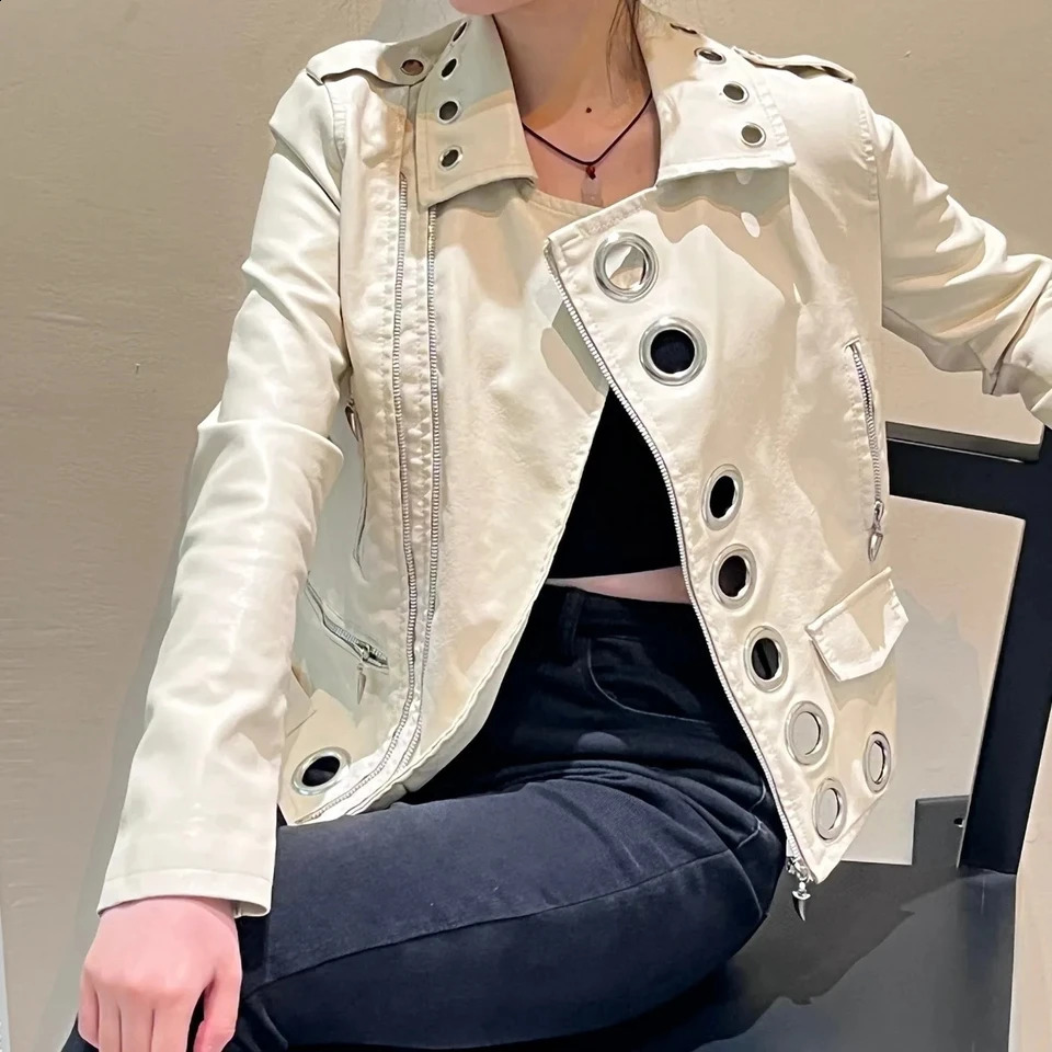 Women Chic Faux Leather Motorcycle Jacket Fall PU Locomotive Bomber Coat Zipper Cardigan Metal Rings Hollow Streetwear Crop Tops 240813