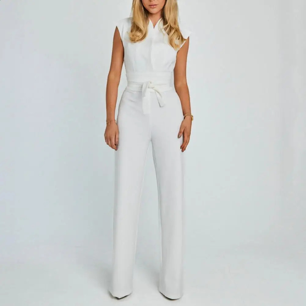 Summer Jumpsuit High Waist Belt Straight Wide Leg Solid Color Office Lady Long Romper Workwear 240813