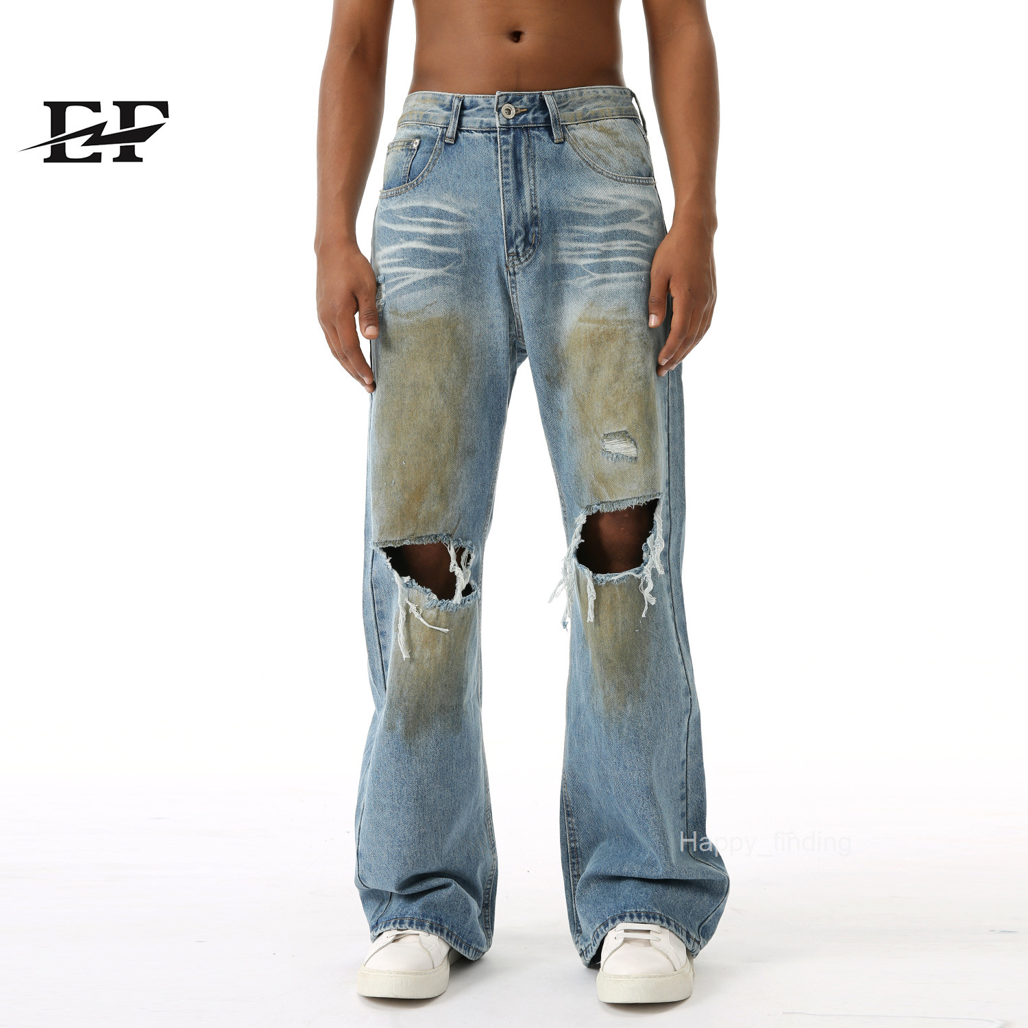 24ss Four Seasons New Product Street Trendy Waste Soil Style Doing Old Broken Hole Jeans Casual