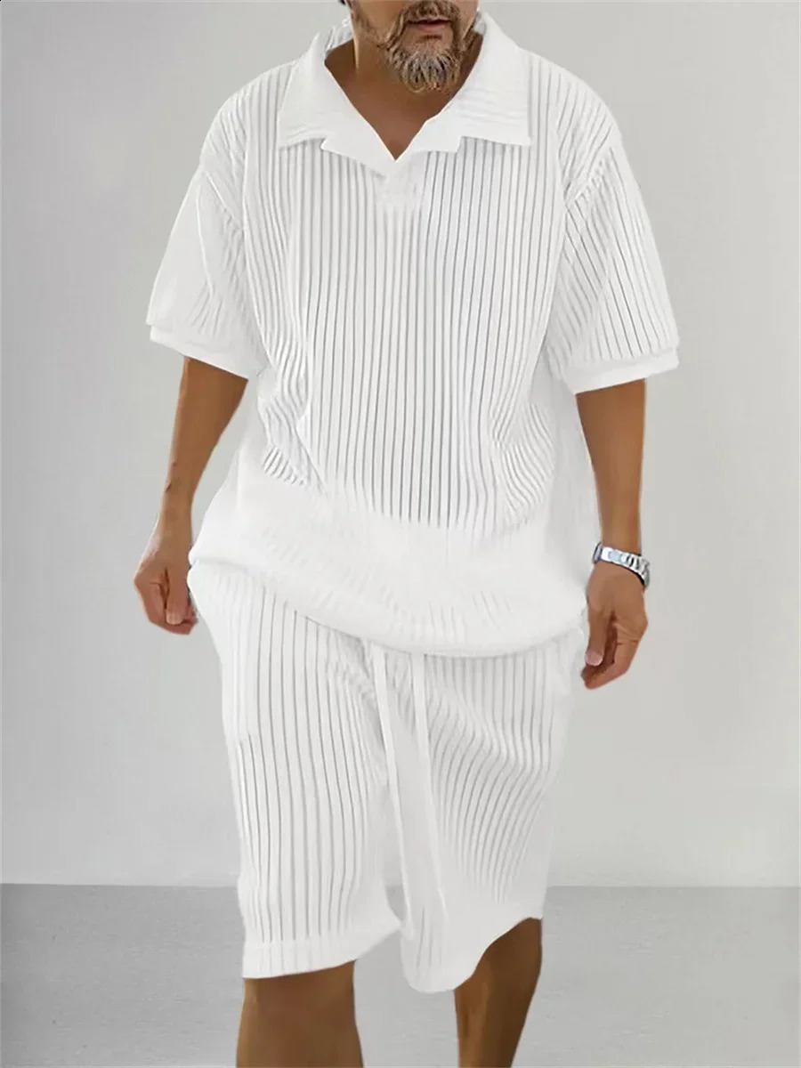 2024 Summer Knitted Short Sleeve Tshirt and Shorts Male Two Piece Set Streetwear Casual Solid Color Men Sports Suits Tops 240814