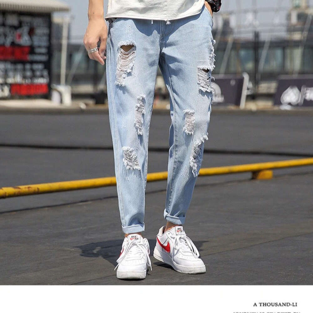 Summer thin cut ripped jeans for men, loose fit, 9-inch fat, trendy brand, plus size 1 pounds pants, beggar carrot pants