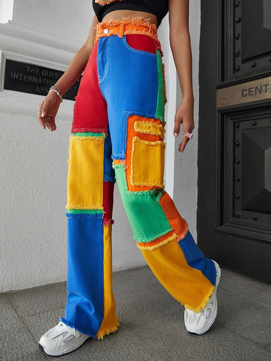 REDDACHiC Stitch Rainbow Color Block Baggy Jeans Women 90s Retro Frayed High Waist Y2k Trousers Holiday Casual Wide Leg Pants 240813