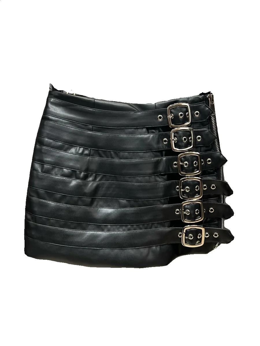 PREPOMP 2024 Spring Collection Multi Belts Patchwork Metal Buckles Black Slimbodycon Pu Leather Skirt Women GM6 240813