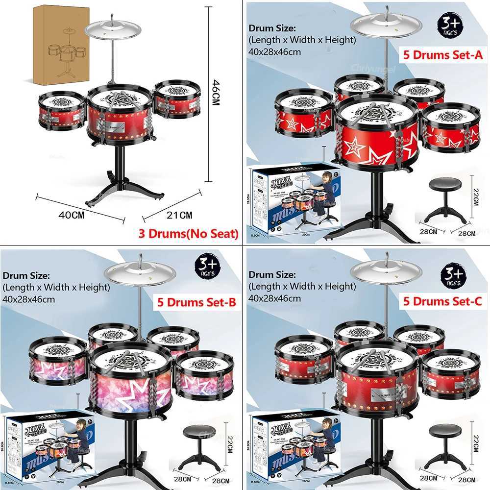 Jazz Drum Set for Kid 5 Drums / 3 Drums with Small Stool Drum Stick Set Music Instrument Educational Toys for 3-5 Years Gifts Y240813