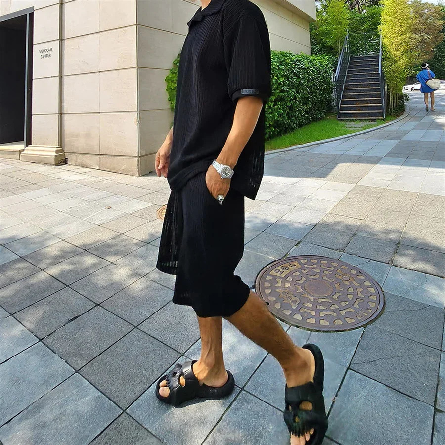 2024 Summer Knitted Short Sleeve Tshirt and Shorts Male Two Piece Set Streetwear Casual Solid Color Men Sports Suits Tops 240814