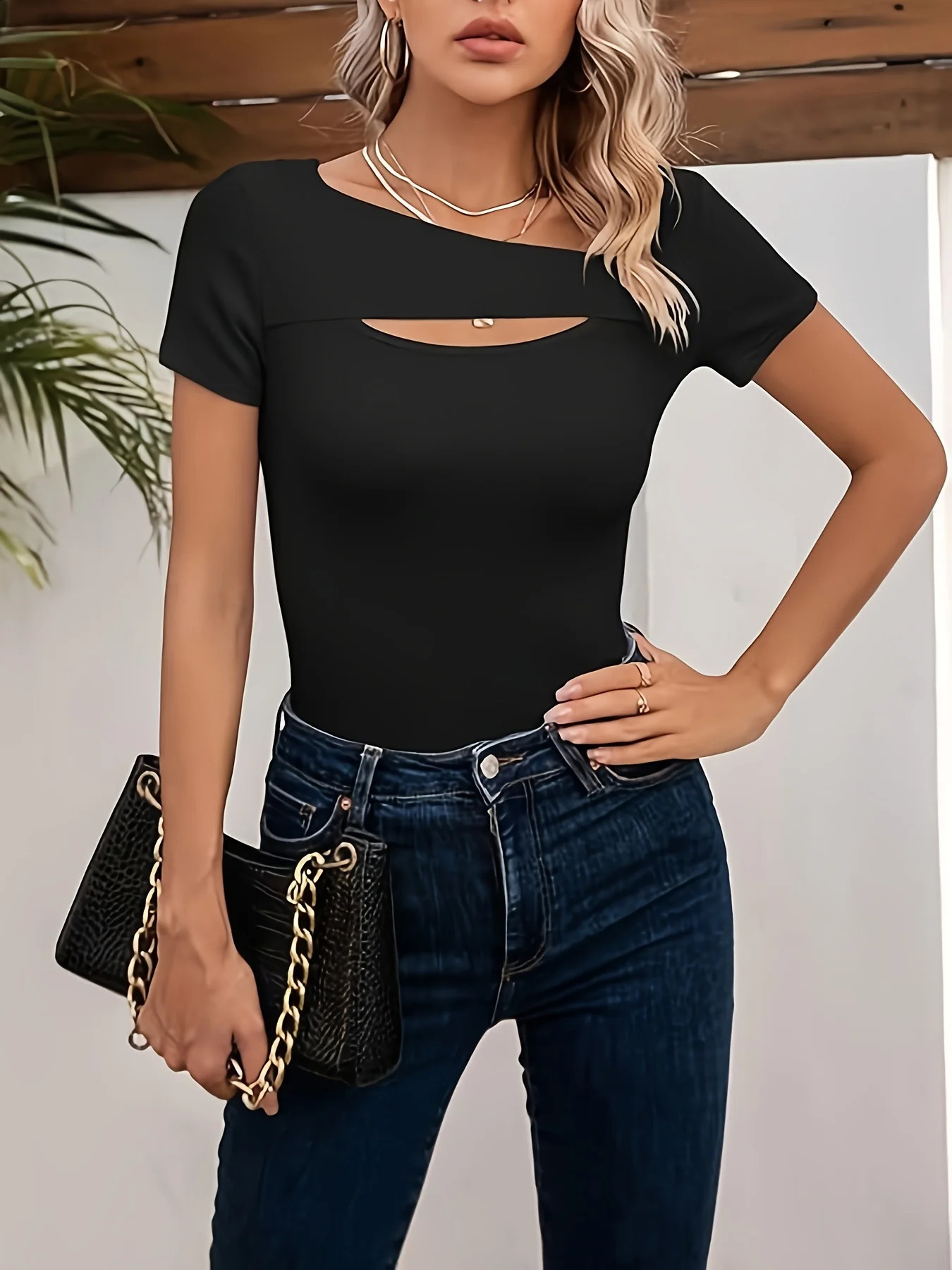 Womens Fashion Cutout Tops Short Sleeve Ribbed Slim Fitted Shirts tee Tshirts Casual Knit Fit Trendy Basic Cute 240813