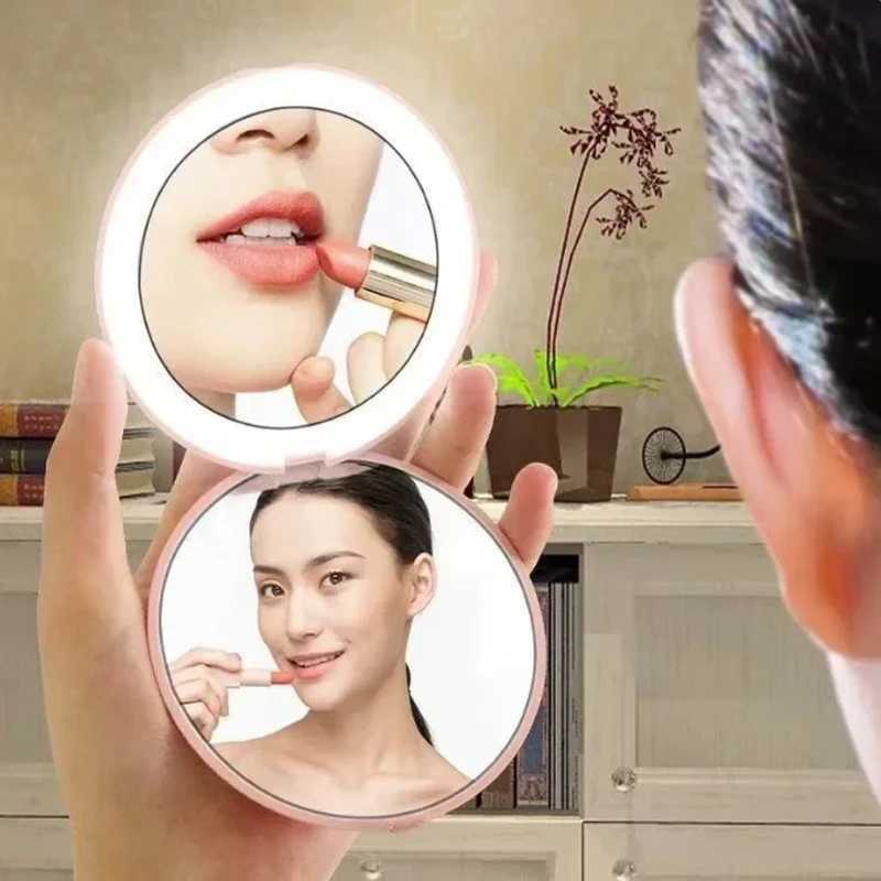 Mini LED light makeup mirror foldable compact mirror with illuminated circle portable USB handheld makeup mirror W240813