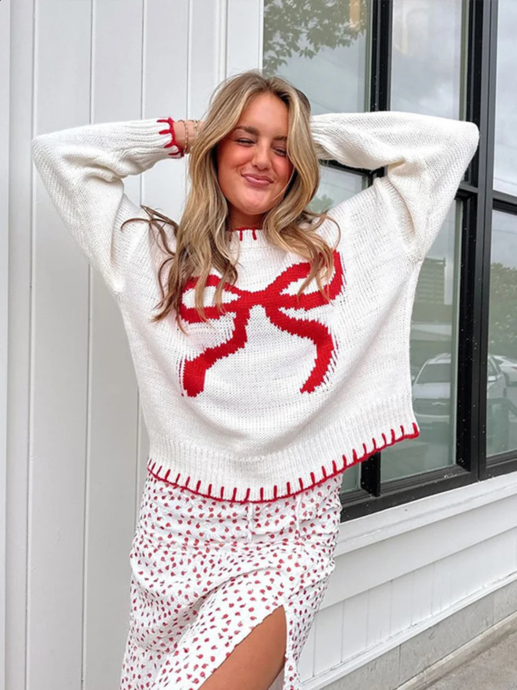 Autumn Bowknot Printed Knitted Women Sweater Casual O Neck Long Sleeve Contrast Color Female Pullover Fashion LadyOutwear 240812