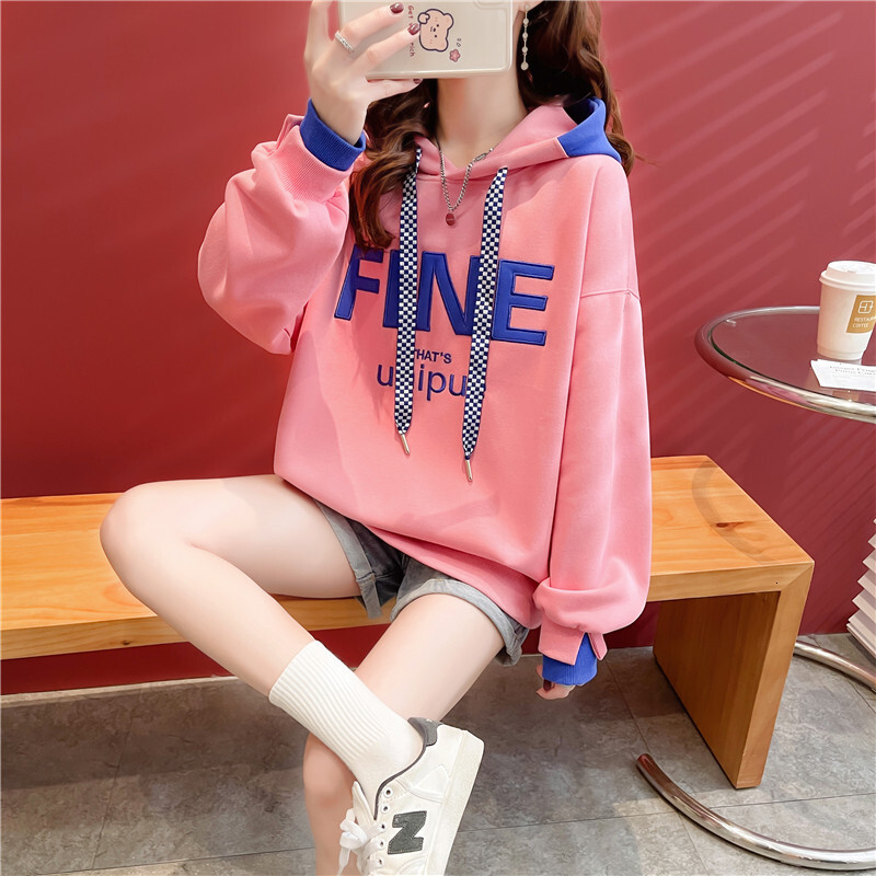 Back Pack Collar Spring and Autumn Color Contrasting Double Hooded Hoodie Coat for Women