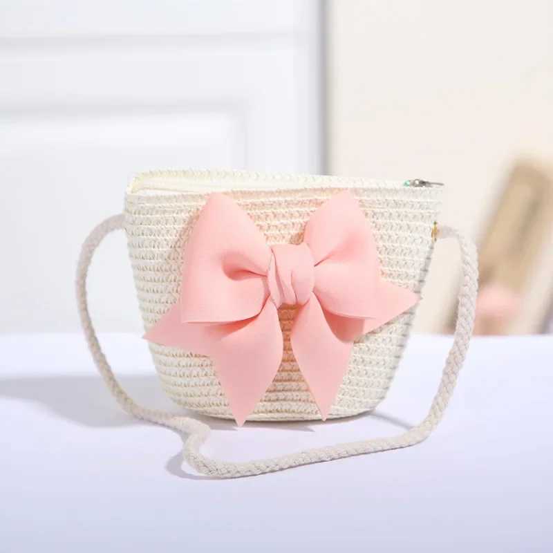 Cute bow straw shoulder bag baby bag hand woven cross body bag princess bag childrens messenger bag mini coin wallet beach handbag W240813