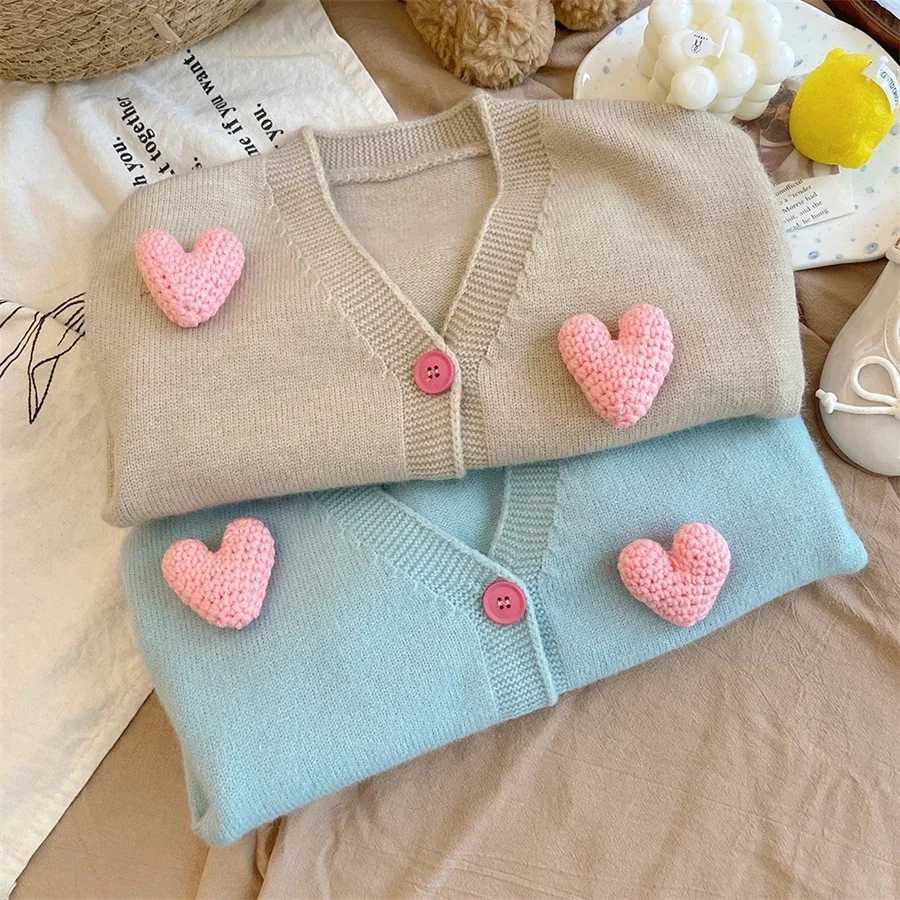 Korean childrens clothing sweater autumn winter coat 3D love knitted cardigan girl jacket baby girl clothing 2-8Y W240813