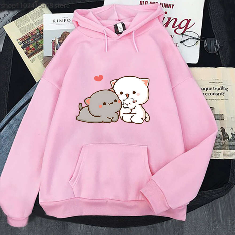 Peach Women Cat Hoodies Funny Mochi Plus Size Sweatshirt Haruku Kawaii Cartoon Female Long Sleeve Streetwear Clothes Tops