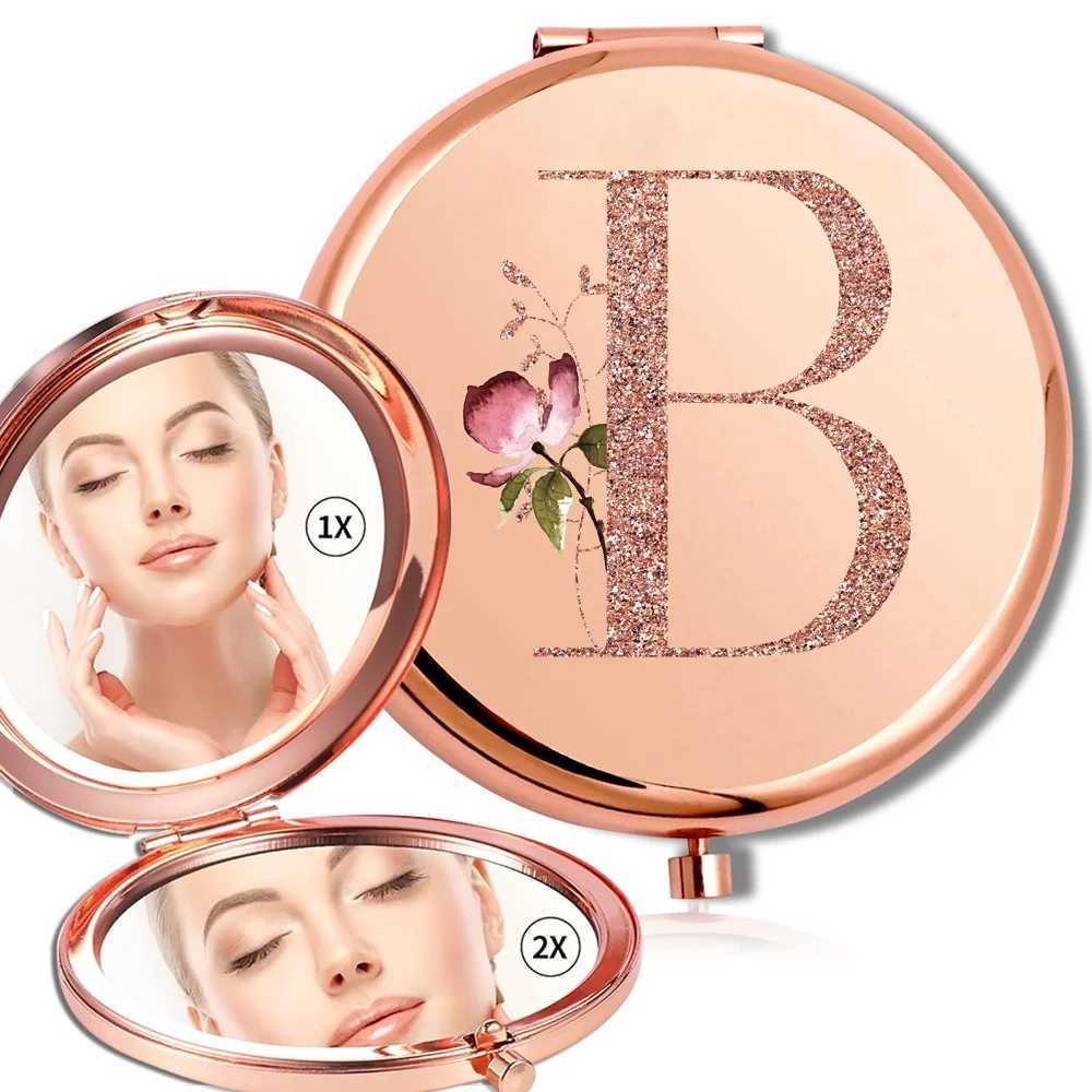 Magnifying makeup circular mirror double-sided metal cosmetics portable appearance glass compact handheld mirror rose gold letter pattern W240813