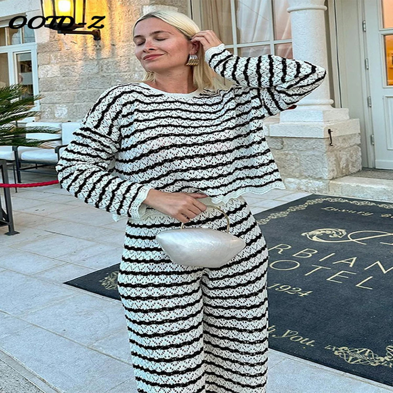 Striped Knittted Top Pants Suit Women Loose Hollow Out O-neck Short Tops Pullover Wide Leg Trousers Two Piece Set Female 2024 240813
