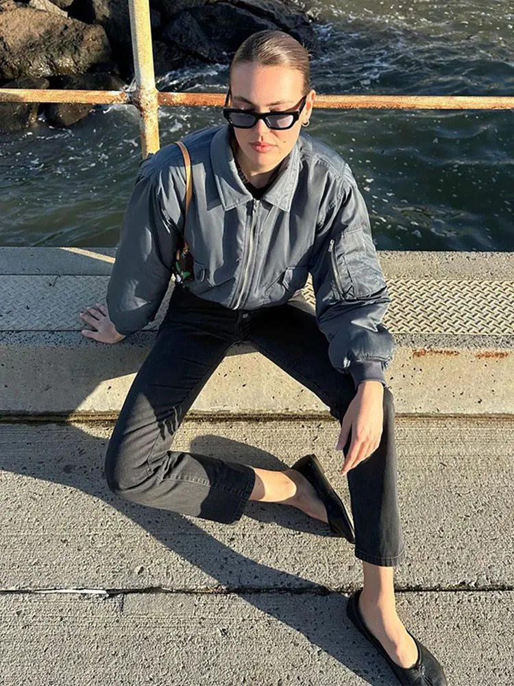 Women Zipper Lapel Short Bomber Jacket With Pockets Loose Long Sleeve Cropped Coat Autumn Female High Street Outerwear 240813