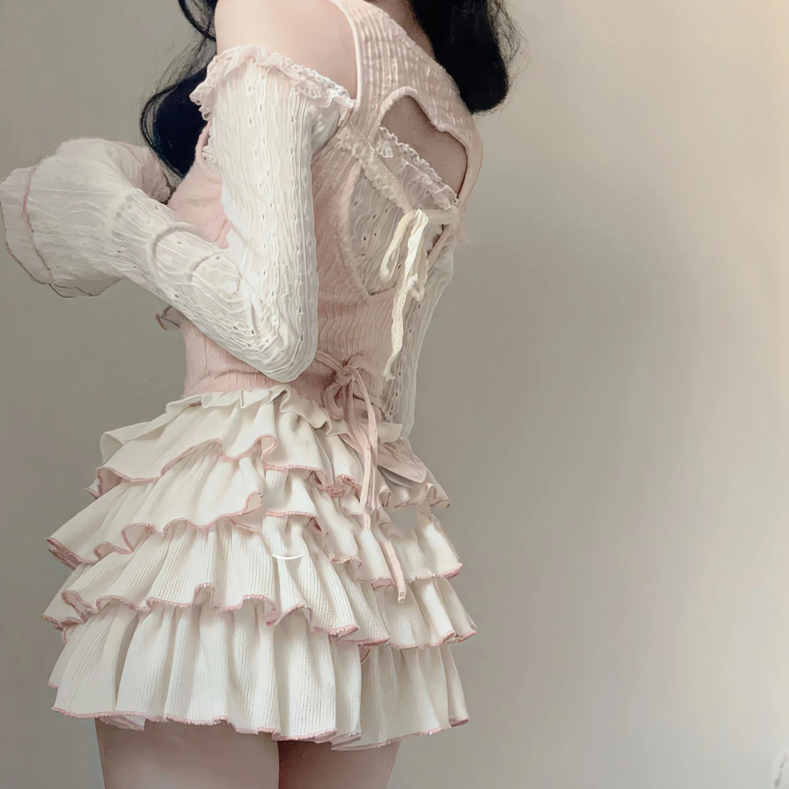 Kawaii Clothing Knitted 3Piece Set Tutu Skirts Sets Y2k Crop Tops BlouseMini Lolita Suit Japanese Korean Fashion Outfits 240809