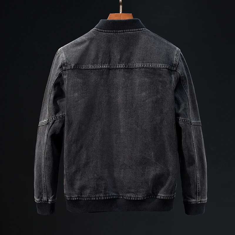 casual fully matched ribbed stand up collar denim jacket mens zipper slim fit street fashion retro 240808