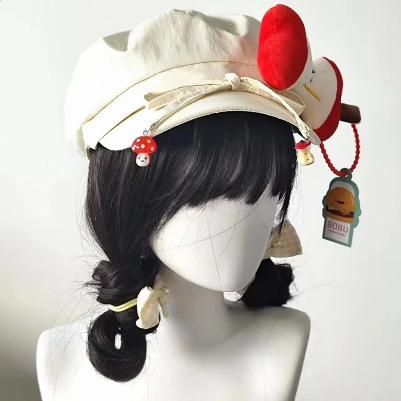 Japanese Kawaii Apple Decoration Beret Hat for Women Sweet Cute Y2k Lolita JK Girls Student Vintage Artist Painter Beige Bow Cap 240805