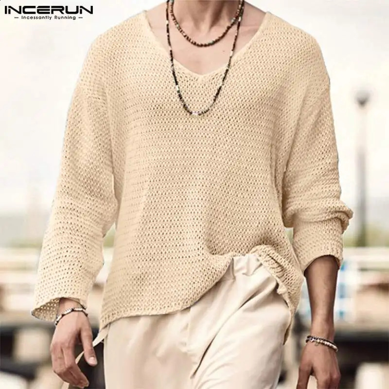 Stylish Tops INCERUN Men All-match Simple V-neck Camiseta Casual Well Fitting Male Long Sleeve T-shirts S-5XL 240814