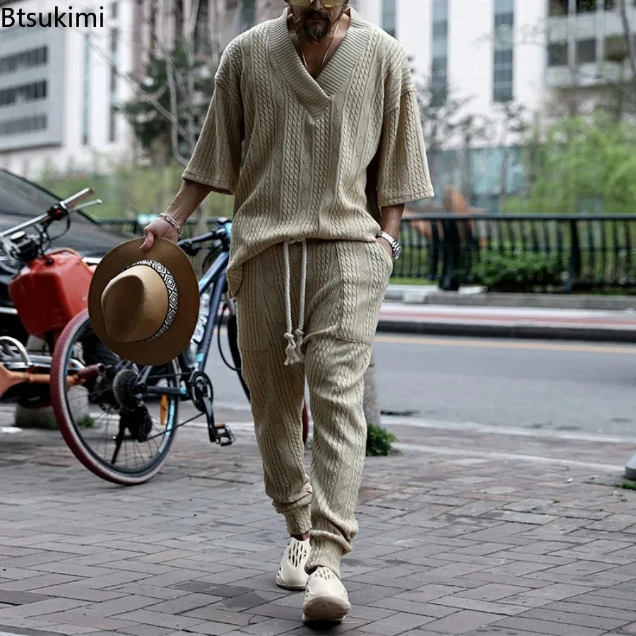 2024 Mens Casual Pants Sets Knitted Two Pieces Suit Sets Male V-Neck Tops And Pants Slim Streetwear Jacquard Sweater Outfits 240813