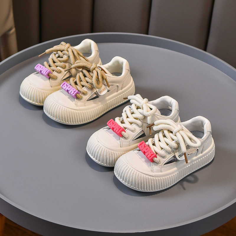Sneakers Girls Little White Shoes Childrens Board Shoes Frame Sandals 2024 New Anti Kick Soft Bottom Velcro Middle and High School Students Shoes H240