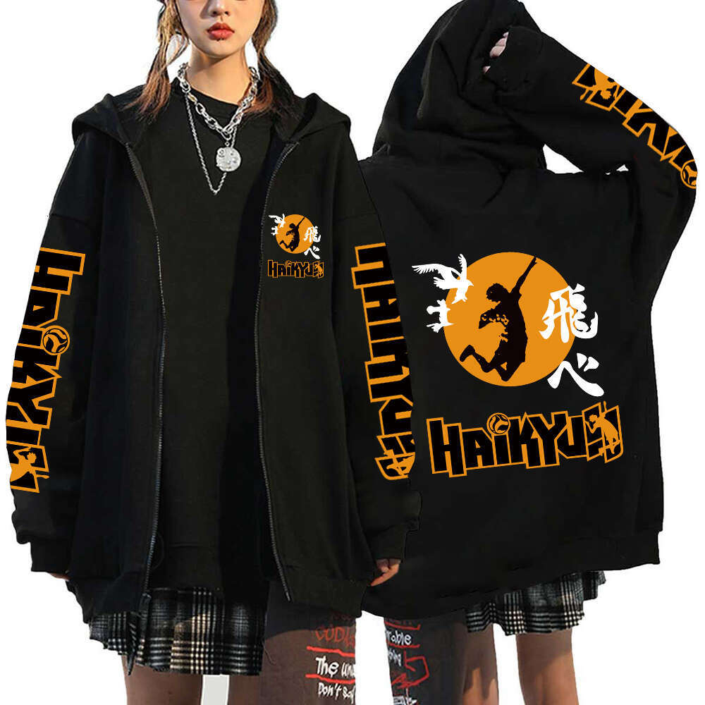 Men Women Anime Hoodie Haikyuu Zip Up Jacket Karasuno High School Plus Size Sweatshirt Haruku Unisex Autumn Warm Streetwear