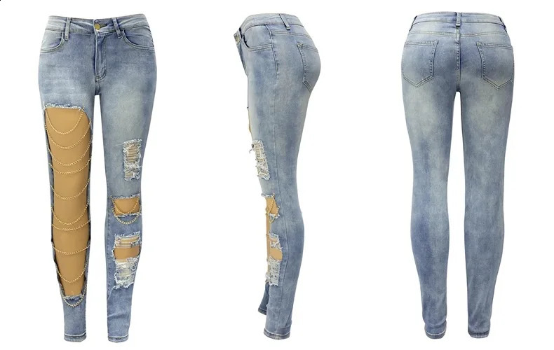 Women Jeans Pencil Pants Denim Sexy Big Holes Chain Washing Slim Pockets Streetwear Spring 2024 Slight Strech Solid Color 240813