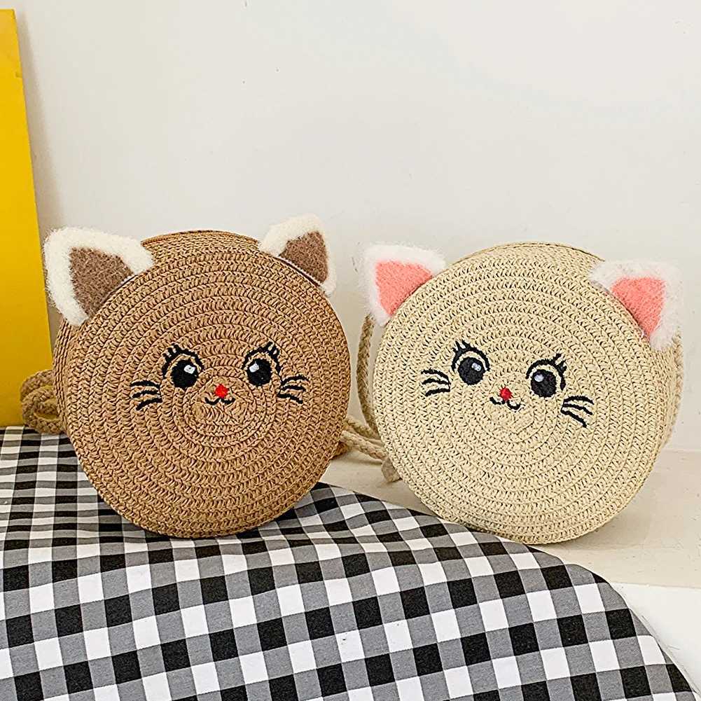 Cute cat handmade woven handbag girls small round straw bag mini cross body bag woven small wallet childrens shoulder bag W240813