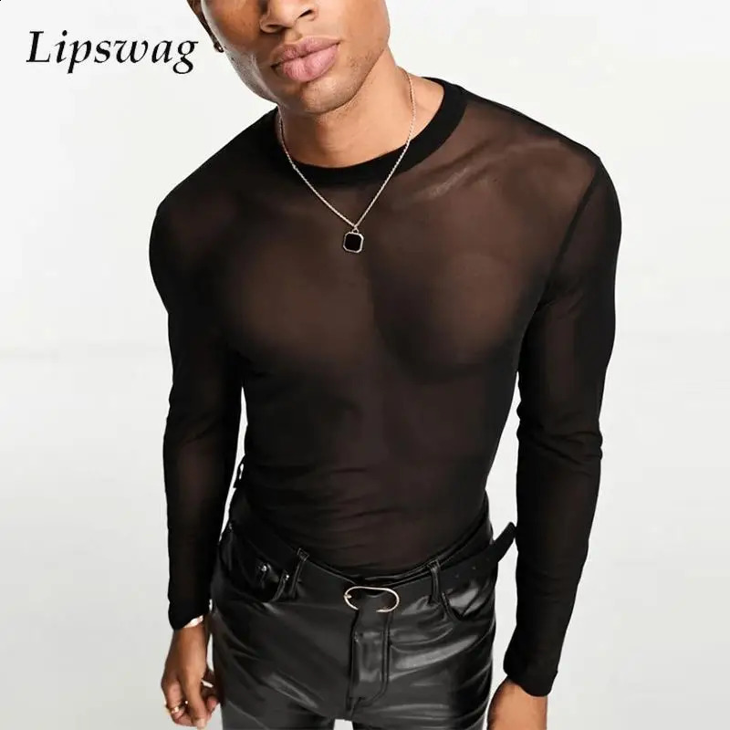 2024 Spring Mens Mesh T-shirts Sexy See Through Thin Tops Party Fashion Men Clothes O Neck Long Sleeve Transparent T Shirt 240814