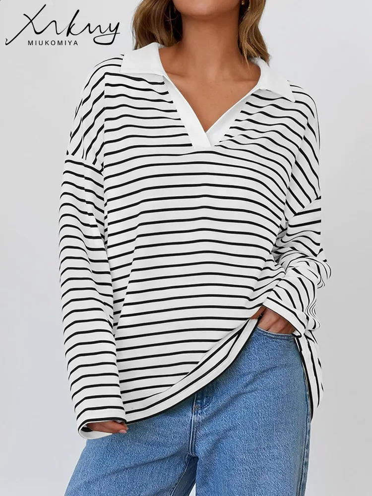Autumn oversized polo striped womens sportswear casual loose long sleeved T-shirt striped floral womens bag style sportswear 240827