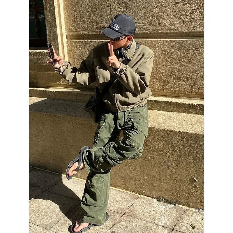 High Street Y2k Men Set Casual Loose Lapel JacketHip Hop Multi Pocket Overalls 2-piece Spring Autumn Fashion Couple Suit Trend 240813