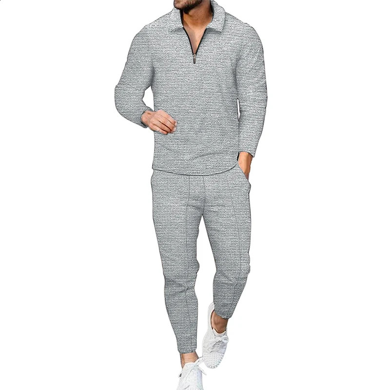 Spring Autumn Solid Color Polo-neck Loose Casual Top Elastic Pants Set Male Fashion Sporty Pullover Tee Sweatpants Suit Homme 240813