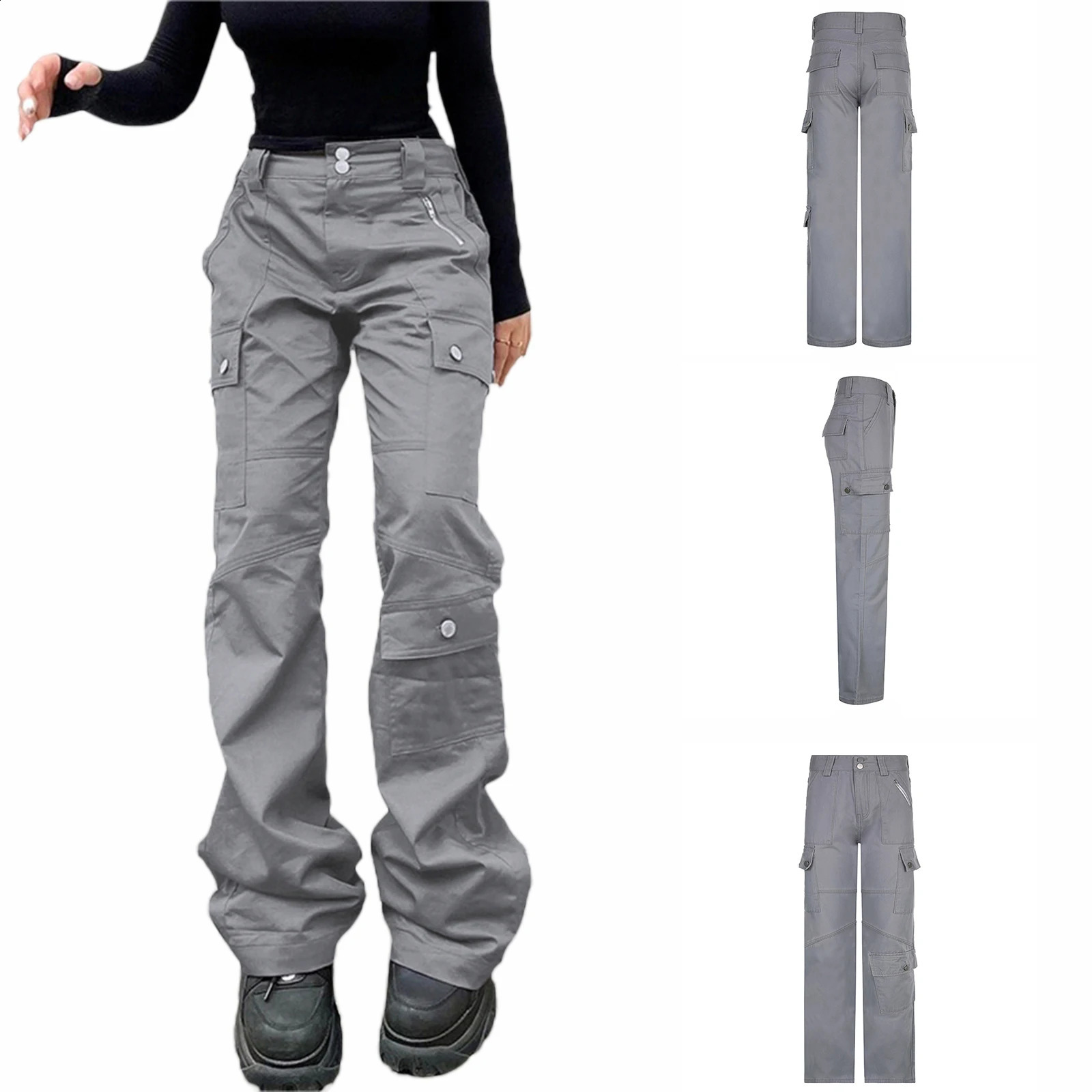 Women Denim Pants Plain Color Straight-Leg Multi-Pockets Long Jeans Ladies Street Wear Jeans Pants 240813