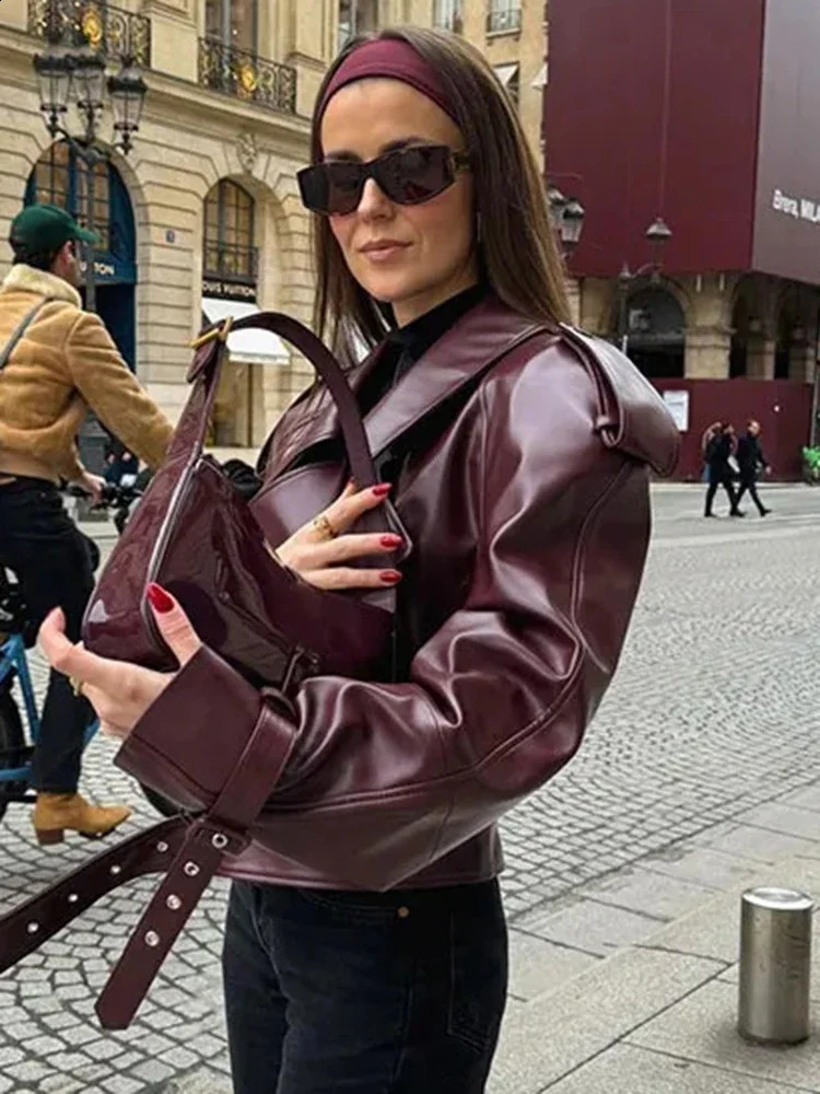 OIINAA Faux Leather Jackets for Women Coats PU Moto Biker Long Sleeve Turn-down Collar Vintage Outerwears Fashion Jackets 240813