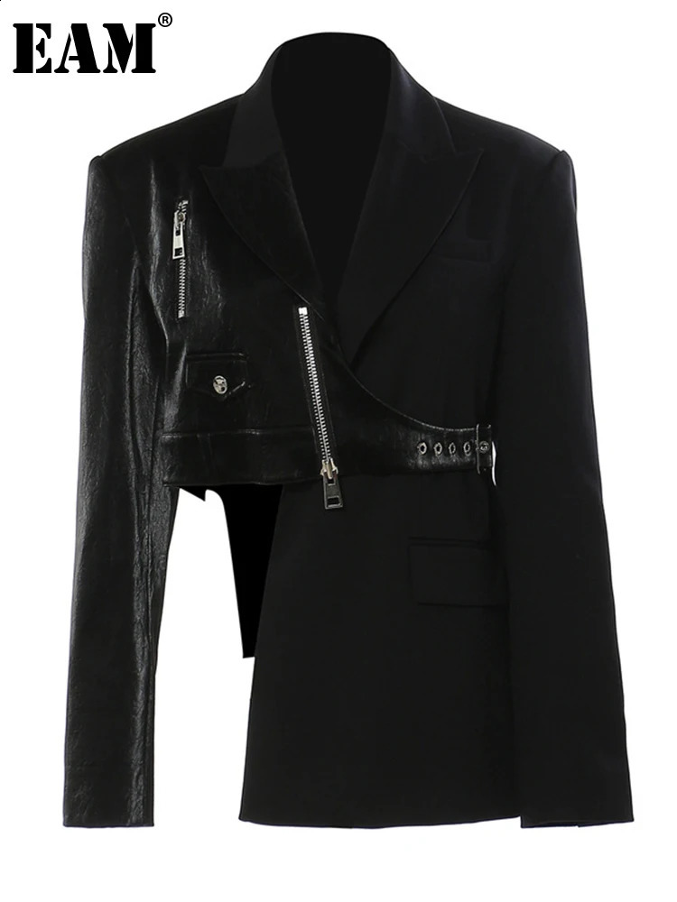 EAM Women Black Irregular Pu Leather Blazer Lapel Long Sleeve Loose Fit Jacket Fashion Spring Autumn 2024 17A7466 240813