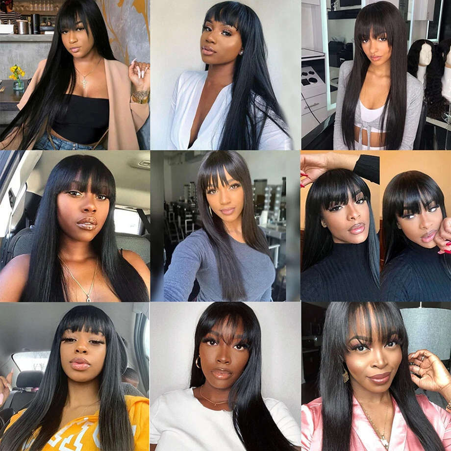 30 Inch Full Hine Made For Women Straight Human Hair With Bangs Brazilian Wigs On Sale Cheap Fringe Wig 180 Density