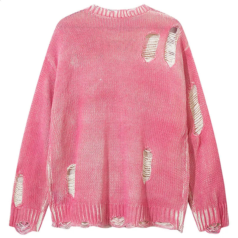 Vintage Sweater Y2K Grunge Ripped Holes Knitted Solid Plain Jumpers Streetwear Men Hip Hop Punk Gothic Long Sleeve Sweaters Pink 240821