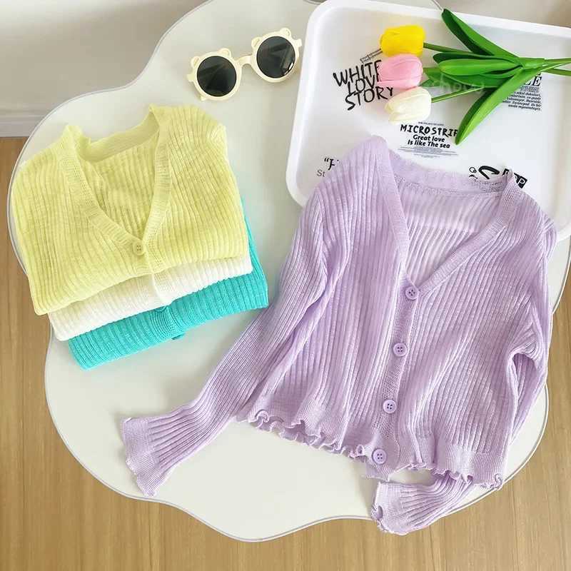 2024 Summer Childrens Clothing Baby Girls Open Knitted Woolen Sweater Cute Macaron Knitted Sunscreen Jacket Ultra Thin Breathable 1-10y W240813