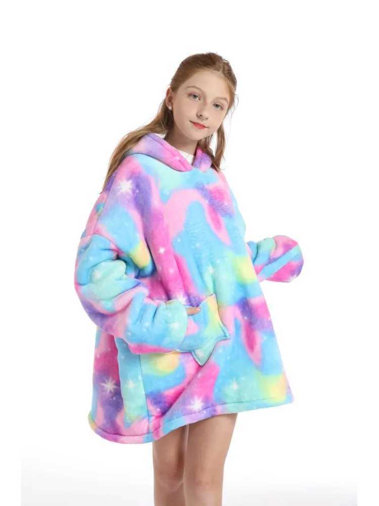 Tie Dye Unicorn Kigurumi Oversized Hoodie Childrens Super Warm Winter Clothes Kids One Piece Hooded Sweatshirts TV BlanketsY240814