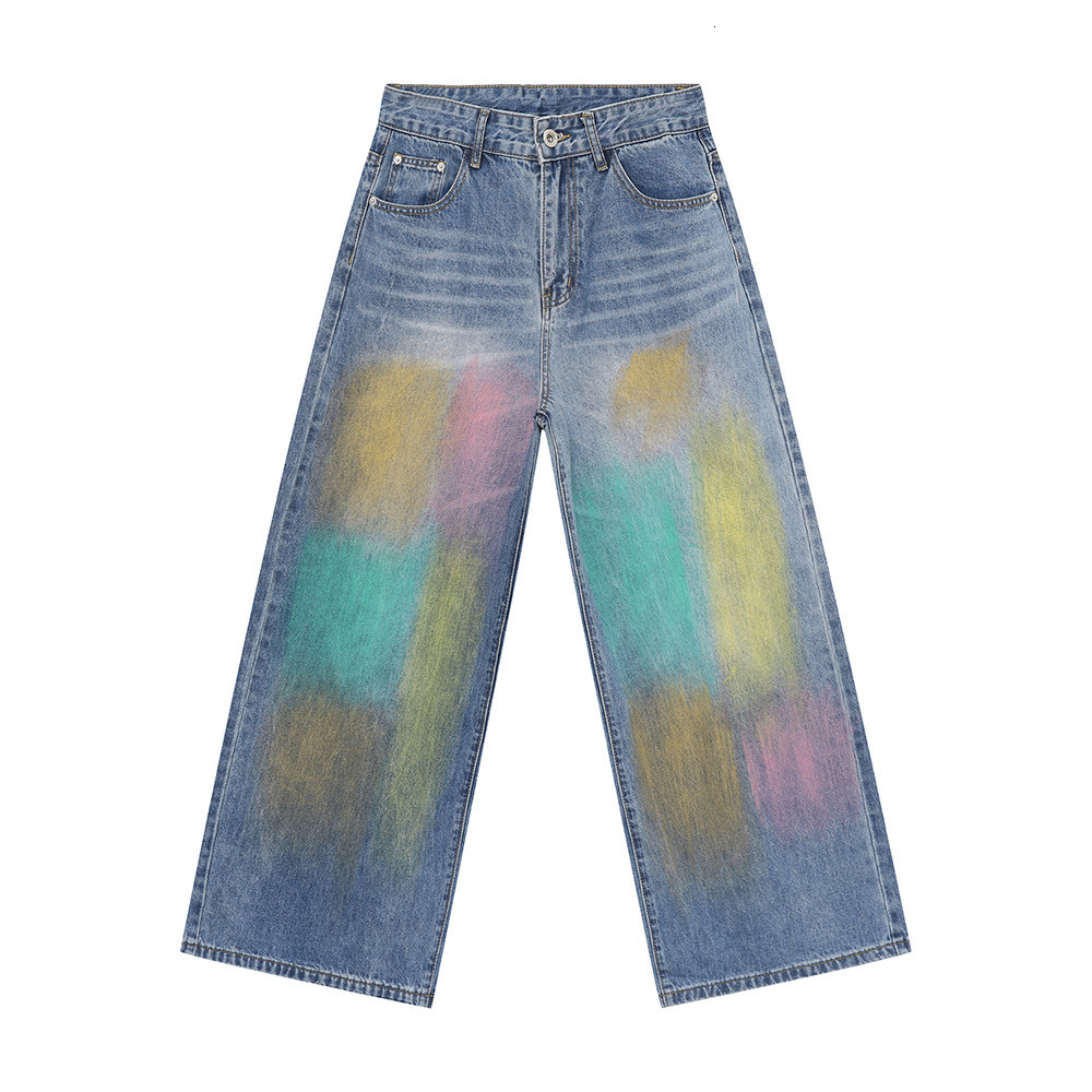 24ss New Product American Street Hip Hop Colorful Graffiti Dyeing Wide Leg Pants Jeans Trendy