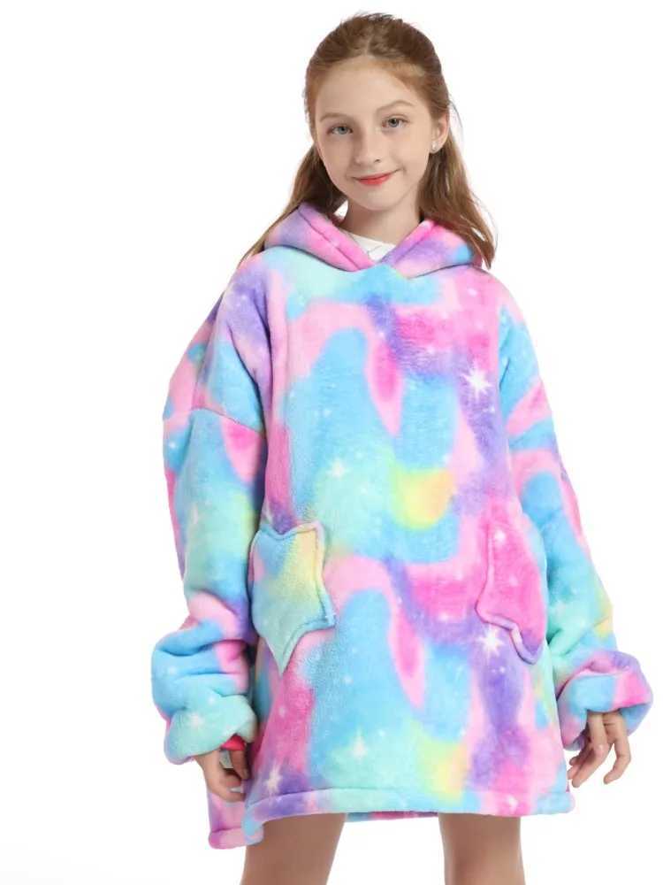 Tie Dye Unicorn Kigurumi Oversized Hoodie Childrens Super Warm Winter Clothes Kids One Piece Hooded Sweatshirts TV BlanketsY240814